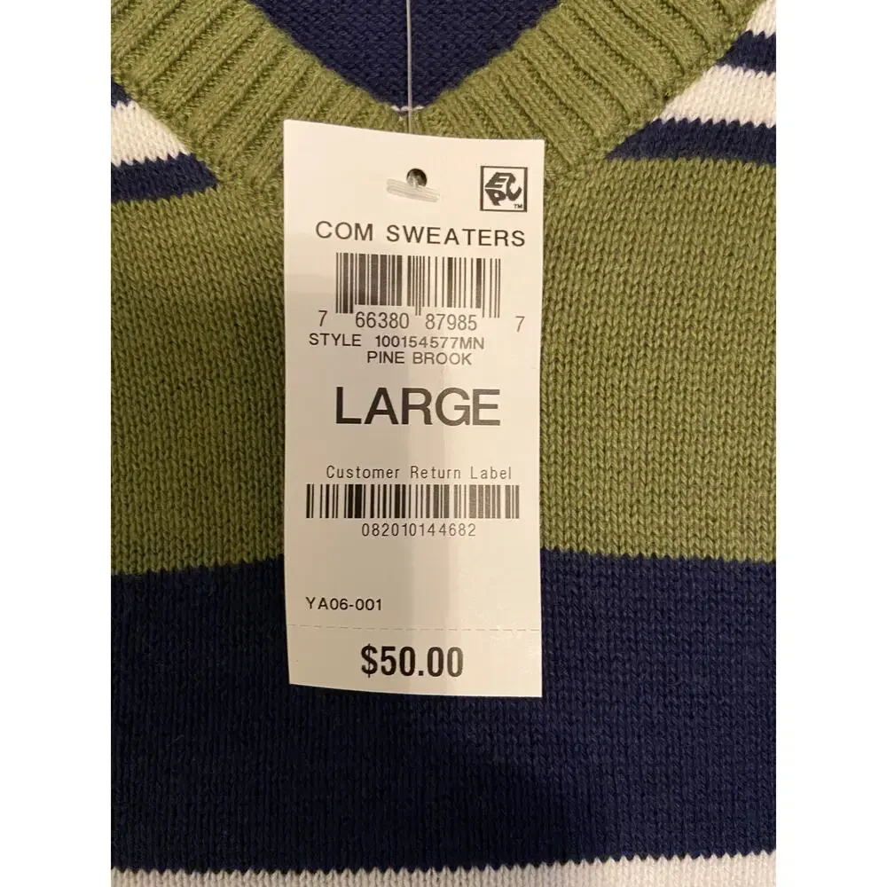 Club Room Men's Large Striped Long Sleeve V-Neck Sweater Pine Brook NWT